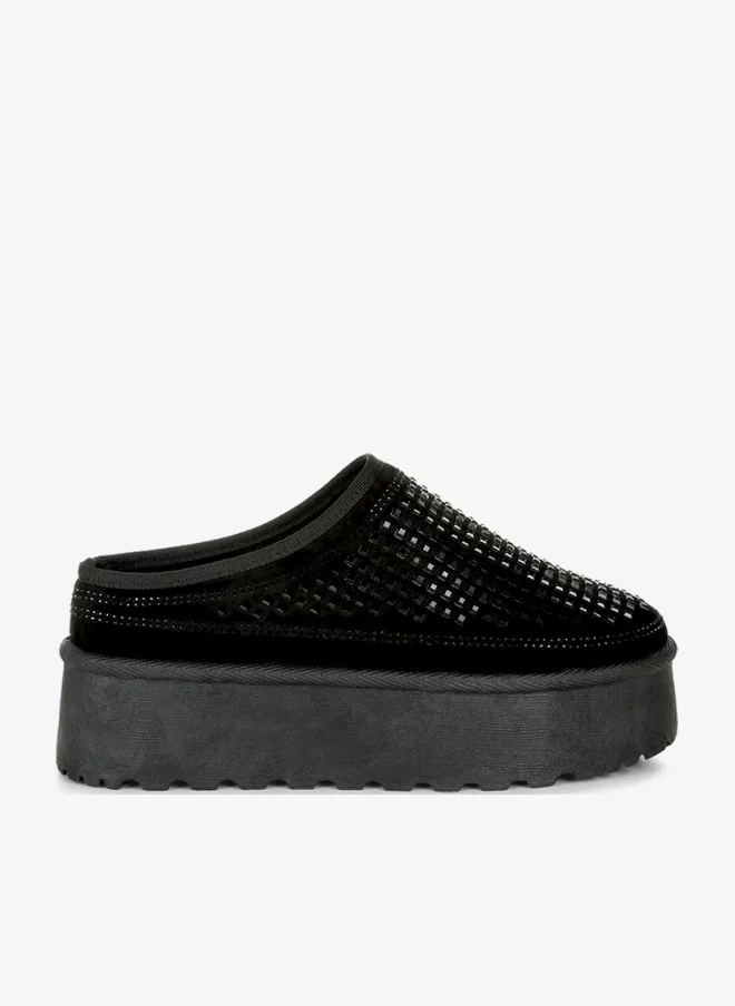 Black Rhinestones Embellished Platform Classic Slip-On