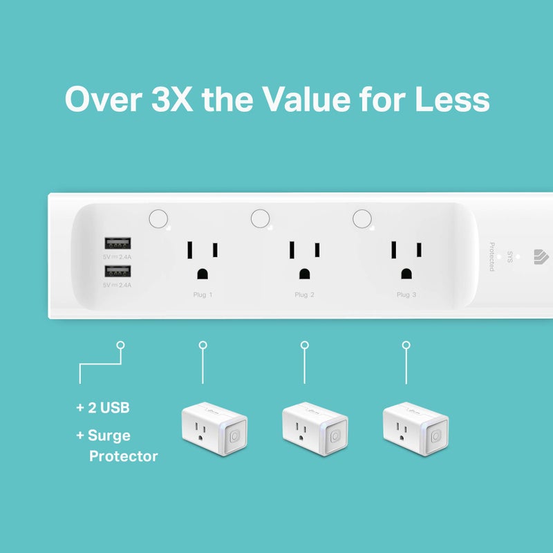 Kasa Smart Plug Power Strip KP303, Surge Protector with 3 Individually Controlled Smart Outlets and 2 USB Ports, Works with Alexa & Google Home, No Hub Required , White - Image 5