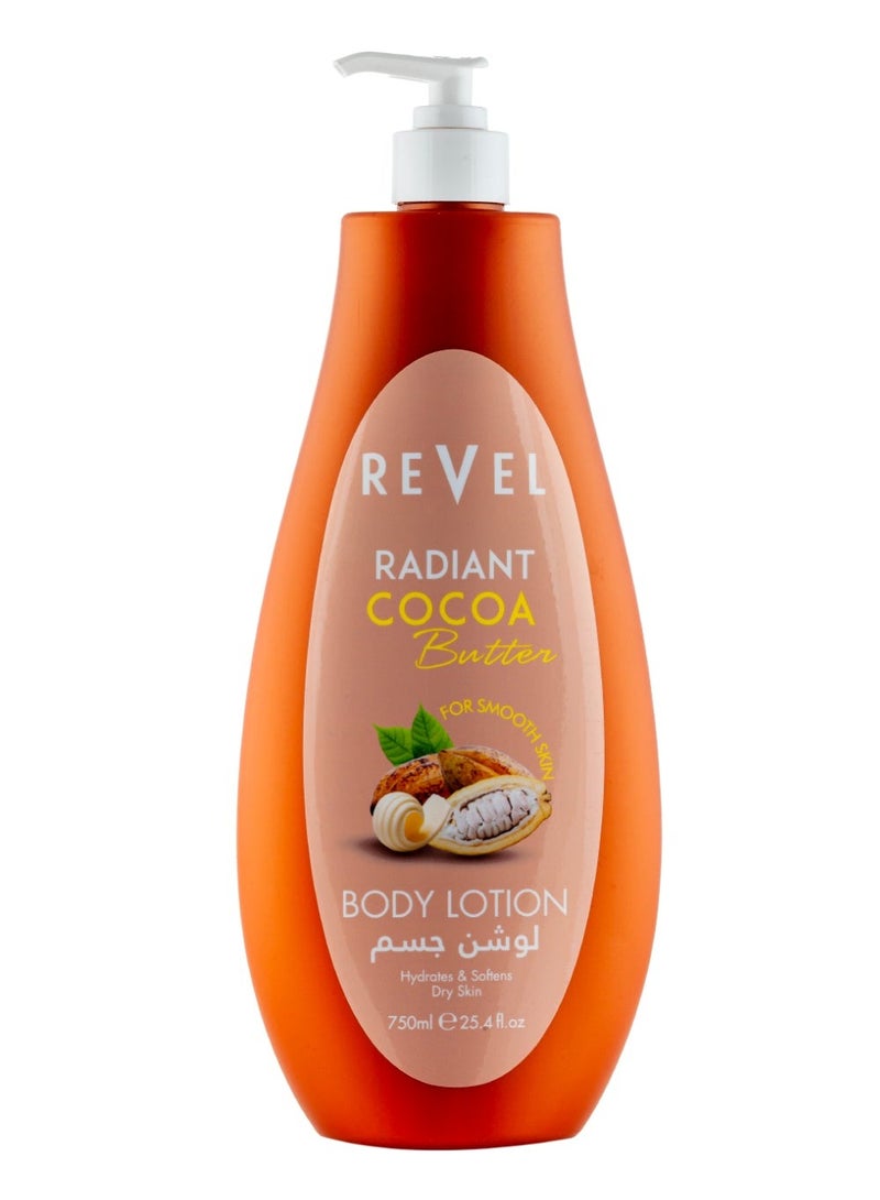 Revel لوشن الجسم كاكاو ريفيل راديانت 750 مل، زبدة كاكاو طبيعية وفيتامين E، لجميع أنواع البشرة، عناية مرطبة يومية، للرجال والنساء - Image 1