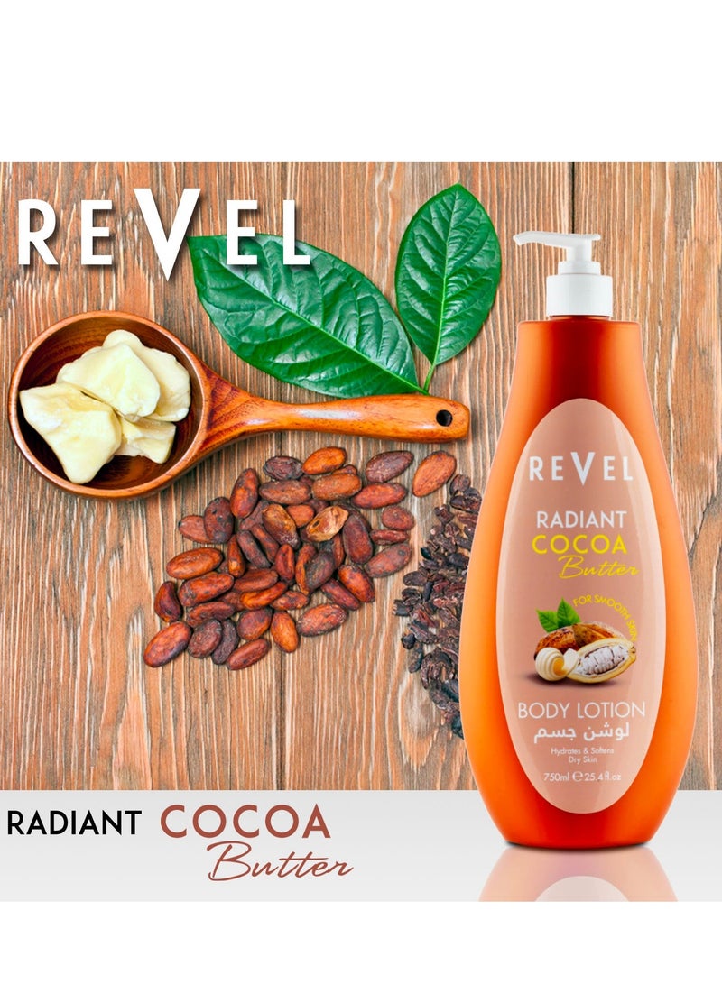 Revel لوشن الجسم كاكاو ريفيل راديانت 750 مل، زبدة كاكاو طبيعية وفيتامين E، لجميع أنواع البشرة، عناية مرطبة يومية، للرجال والنساء - Image 2