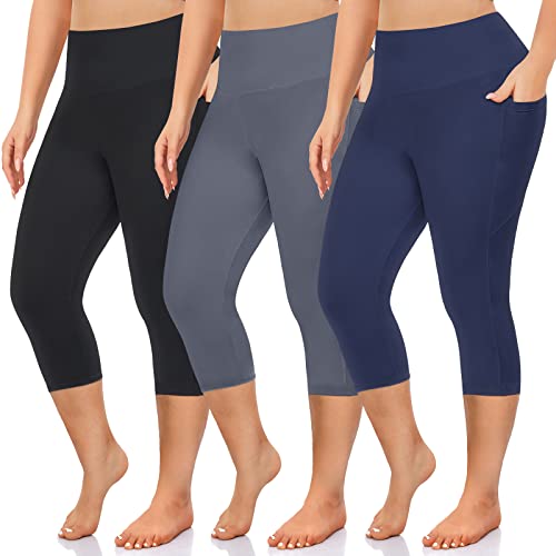 NEW YOUNG 3 Pack Plus Size Capri Leggings with Pockets for Women,High Waist Tummy Control Workout Yoga Leggings - Image 1