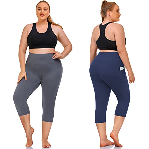 NEW YOUNG 3 Pack Plus Size Capri Leggings with Pockets for Women,High Waist Tummy Control Workout Yoga Leggings - Image 2