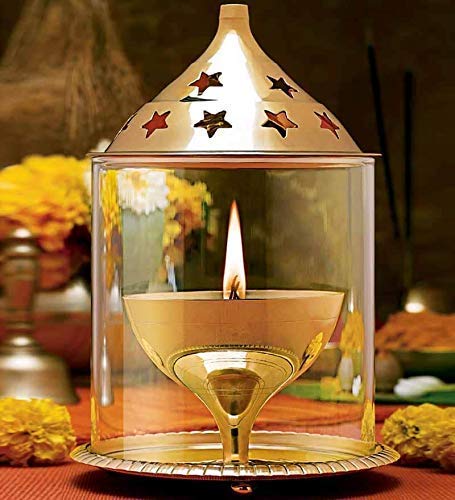 SVShoperzone Brass Akhand Diya with Borosilicate Glass Brass Diya Golden Extra Large