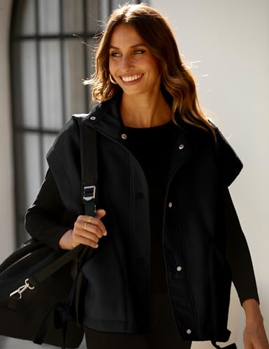 OPCAKM Women's Fuzzy Fleece Vest Oversized Sleeveless Sherpa Jacket Warm Button Down Gilet Outerwear with Pockets(Black-M) - Image 3