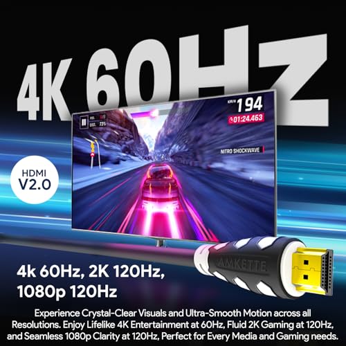 Amkette 2M HDMI Cable High Speed 2.0 with Ethernet and HDR Support | 3D/4K@60Hz Ultra HD Resolution | 18 Gbps Bandwidth | PS4, Xbox One, Blu-Ray, Soundbars, Projectors, Monitor, PCs and Laptops | - Image 3