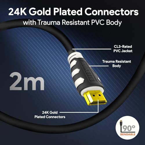 Amkette 2M HDMI Cable High Speed 2.0 with Ethernet and HDR Support | 3D/4K@60Hz Ultra HD Resolution | 18 Gbps Bandwidth | PS4, Xbox One, Blu-Ray, Soundbars, Projectors, Monitor, PCs and Laptops | - Image 5