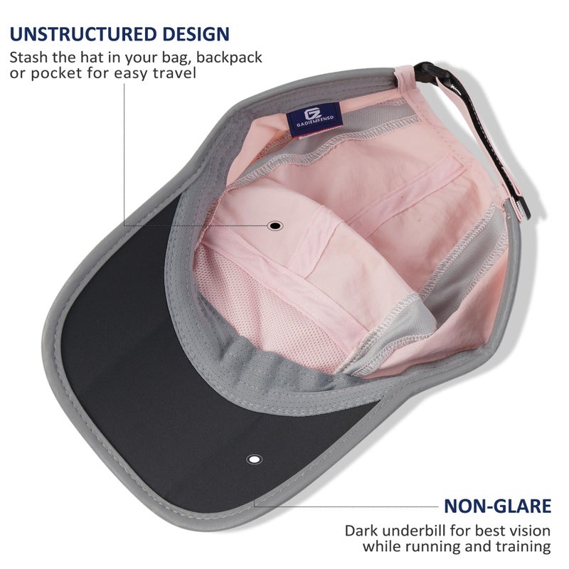 GADIEMKENSD Baseball Cap Nylon Running Cap Outdoor Sports Hat for Men Women Adjustable Quick Drying Reflective Foldable UPF50+ Breath Mesh Water Repellency Race Performance Lightweight Light Pink - Image 4