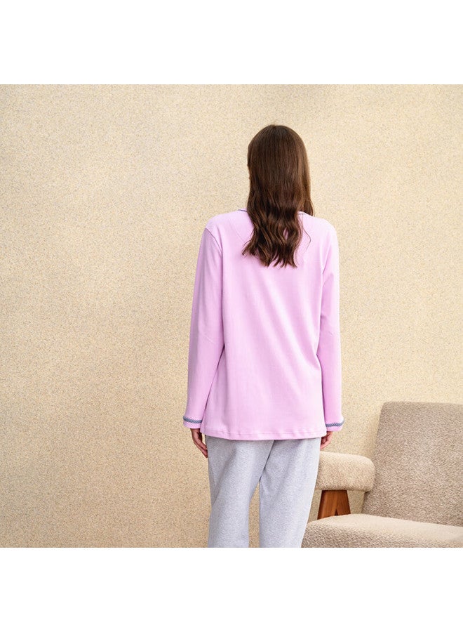 MEIBIAO American Standard Spring And Autumn New Women's 100% Cotton Long Sleeve Long Pants Pajama Set, Lotus Purple, 2XL - Image 5