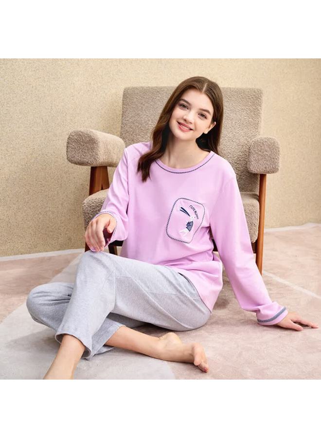 MEIBIAO American Standard Spring And Autumn New Women's 100% Cotton Long Sleeve Long Pants Pajama Set, Lotus Purple, 2XL - Image 1