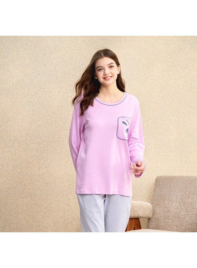 MEIBIAO American Standard Spring And Autumn New Women's 100% Cotton Long Sleeve Long Pants Pajama Set, Lotus Purple, 2XL - Image 3