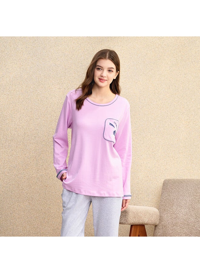 MEIBIAO American Standard Spring And Autumn New Women's 100% Cotton Long Sleeve Long Pants Pajama Set, Lotus Purple, 2XL - Image 4