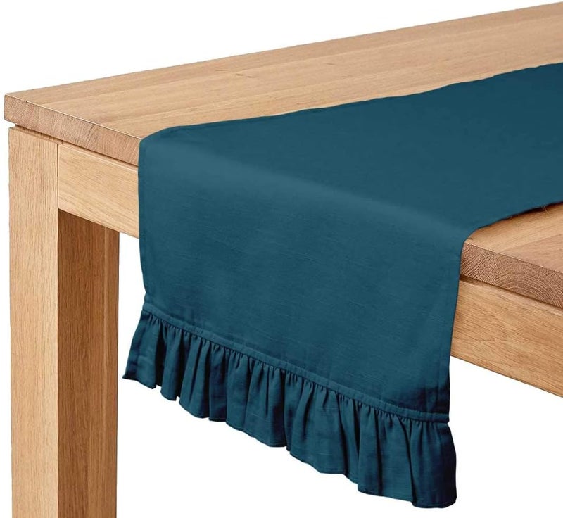 Vargottam Teal Blue Home Décor Washable Dining Table Cotton Slub Table Runner Home Table Linen Layout-14 x 90 Inch - Image 1