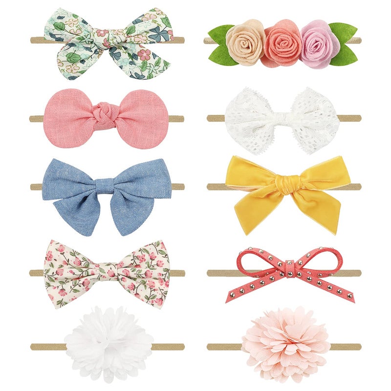DRESHOW BQUBO Baby Girl Bows and Headbands Soft Nylon Hairbands Elastics Handmade Girls Flower Hair Accessories for Newborn Infant Toddlers Kids 10 Pack