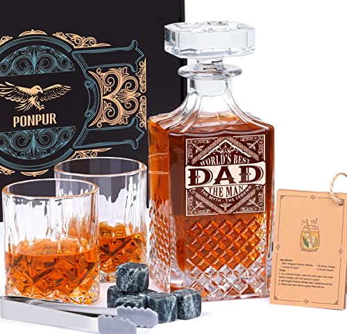 PONPUR Gifts for Men Dad Stocking Stuffers, Whiskey Decanter Set with 2 Glasses, Unique Cool Dad Birthday Gift from Daughter Son, Best Christmas Retirement Present for Man Father - Image 1