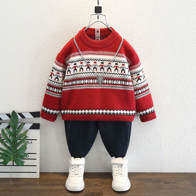 Boys Knitwear Winter Thickeneded Kidsren'S Knitwear Baby Boy Red Warm Top Trendy Kidsren'S Clothing - Image 2