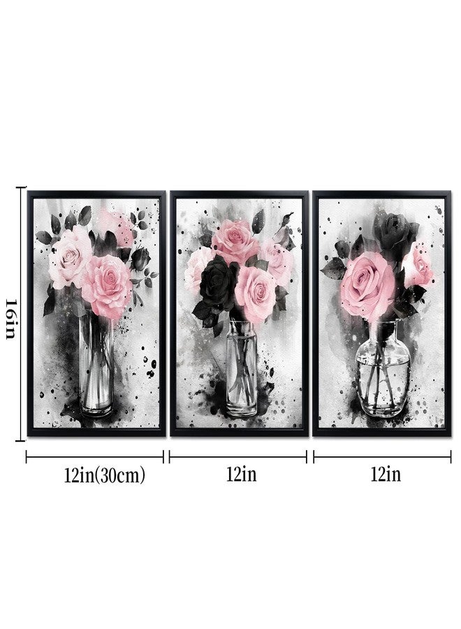 Visual Art Decor Flower Painting Floral Pictures Canvas Print, Woman Girls Bathroom Decor Bedroom Wall Decor Framed 12x16inchx3Pieces, Black Frame (Pink) - Image 4