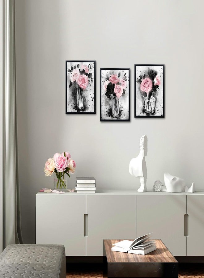 Visual Art Decor Flower Painting Floral Pictures Canvas Print, Woman Girls Bathroom Decor Bedroom Wall Decor Framed 12x16inchx3Pieces, Black Frame (Pink) - Image 5