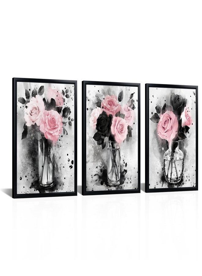 Visual Art Decor Flower Painting Floral Pictures Canvas Print, Woman Girls Bathroom Decor Bedroom Wall Decor Framed 12x16inchx3Pieces, Black Frame (Pink) - Image 1