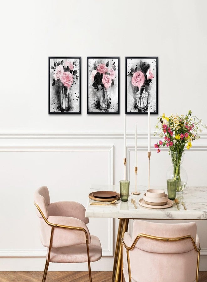 Visual Art Decor Flower Painting Floral Pictures Canvas Print, Woman Girls Bathroom Decor Bedroom Wall Decor Framed 12x16inchx3Pieces, Black Frame (Pink) - Image 3