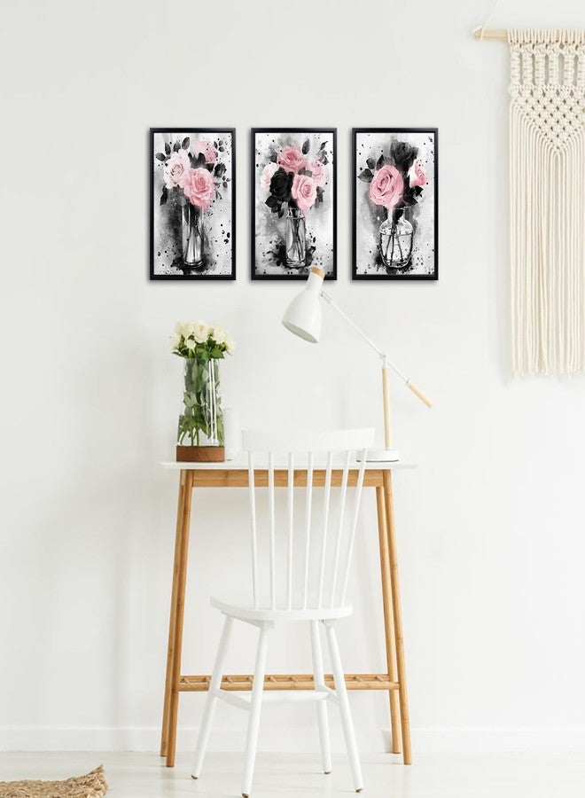 Visual Art Decor Flower Painting Floral Pictures Canvas Print, Woman Girls Bathroom Decor Bedroom Wall Decor Framed 12x16inchx3Pieces, Black Frame (Pink) - Image 2