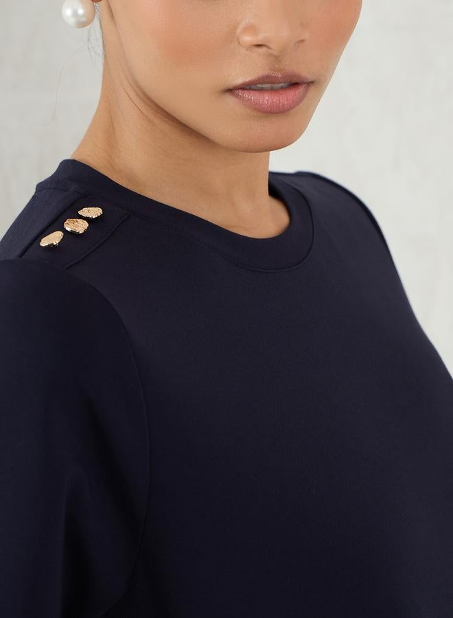 Femmella Navy Blue Solid Knit Shift Midi Dress with Slit Detail - Image 4