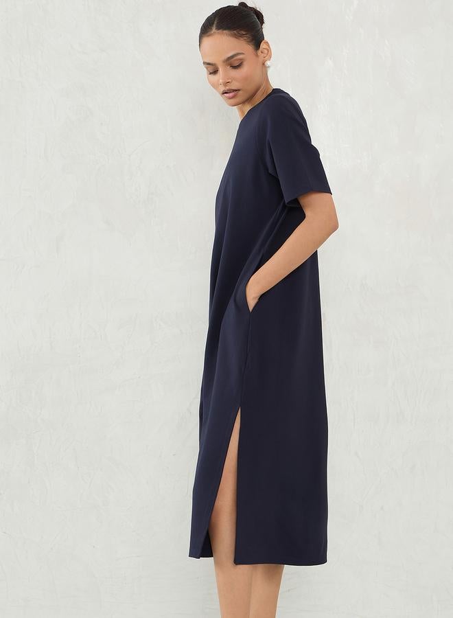 Femmella Navy Blue Solid Knit Shift Midi Dress with Slit Detail - Image 3