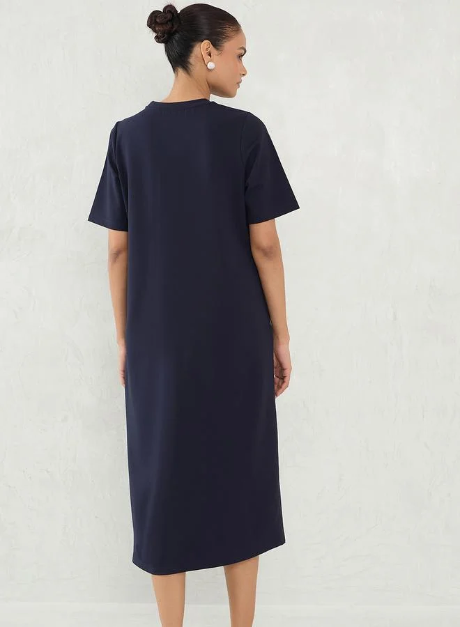 Femmella Femmella Navy Blue Solid Knit Shift Midi Dress with Slit Detail