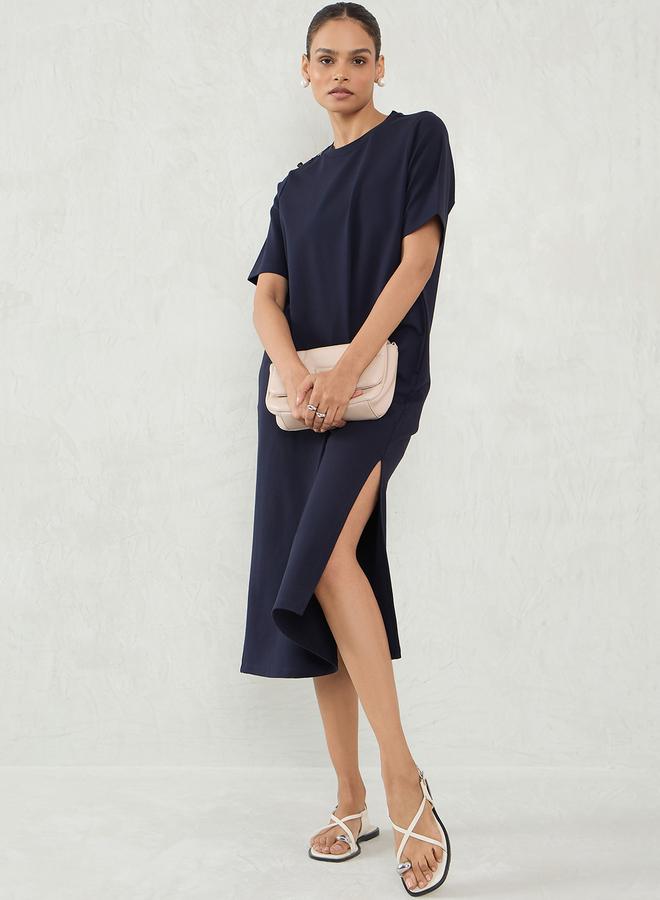 Femmella Navy Blue Solid Knit Shift Midi Dress with Slit Detail - Image 5