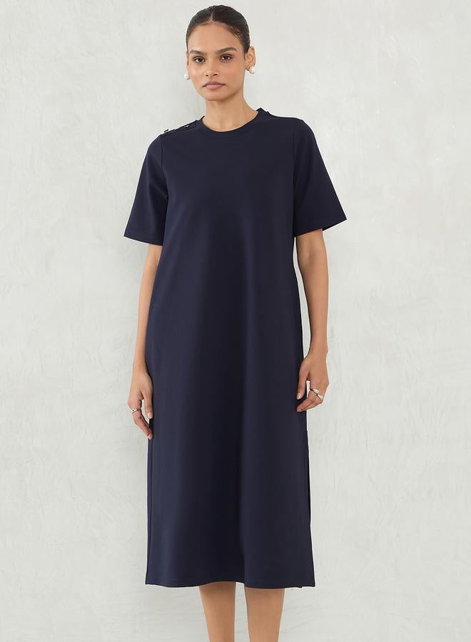 Femmella Navy Blue Solid Knit Shift Midi Dress with Slit Detail - Image 1