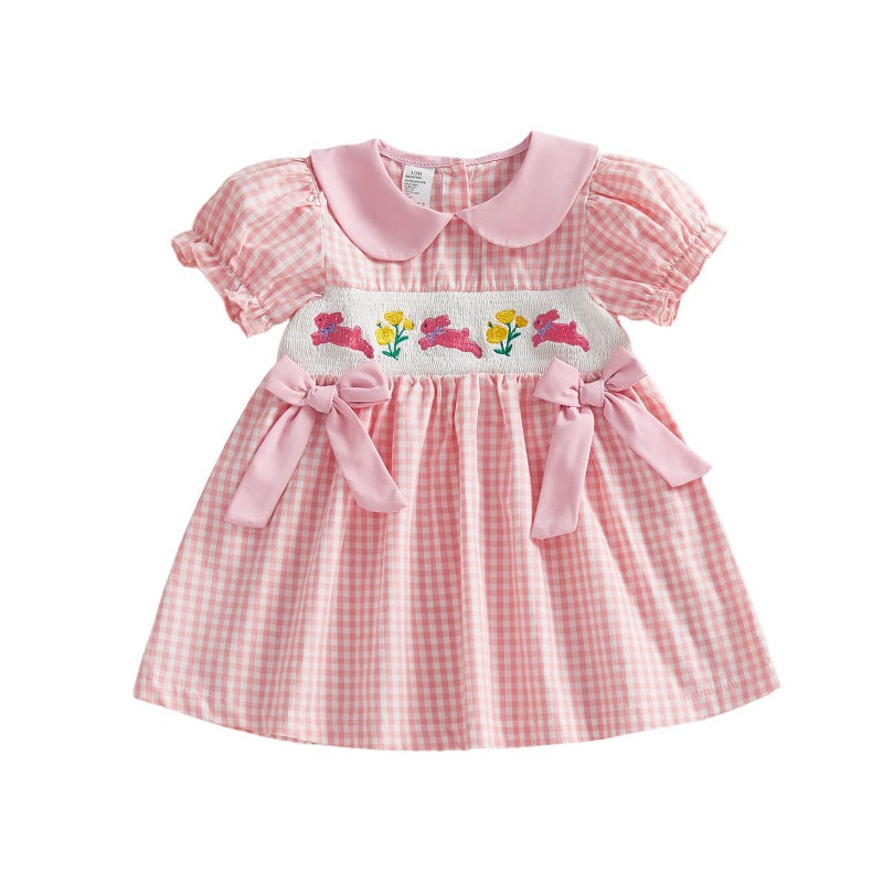 MoZiKQin Toddler Little Baby Girl Easter Outfit Bunny Embroidery Dress Short Sleeve Smocked Easter Dresses for Girls (Pink Bunny Floral, 2-3 Years) - Image 1