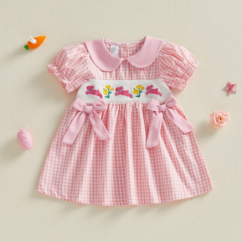 MoZiKQin Toddler Little Baby Girl Easter Outfit Bunny Embroidery Dress Short Sleeve Smocked Easter Dresses for Girls (Pink Bunny Floral, 2-3 Years) - Image 3