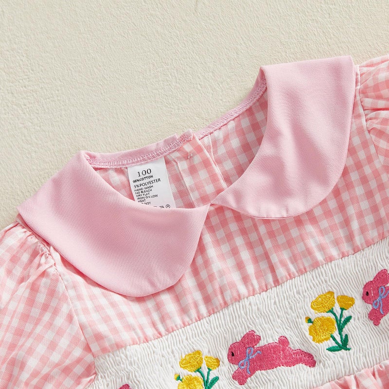MoZiKQin Toddler Little Baby Girl Easter Outfit Bunny Embroidery Dress Short Sleeve Smocked Easter Dresses for Girls (Pink Bunny Floral, 2-3 Years) - Image 5