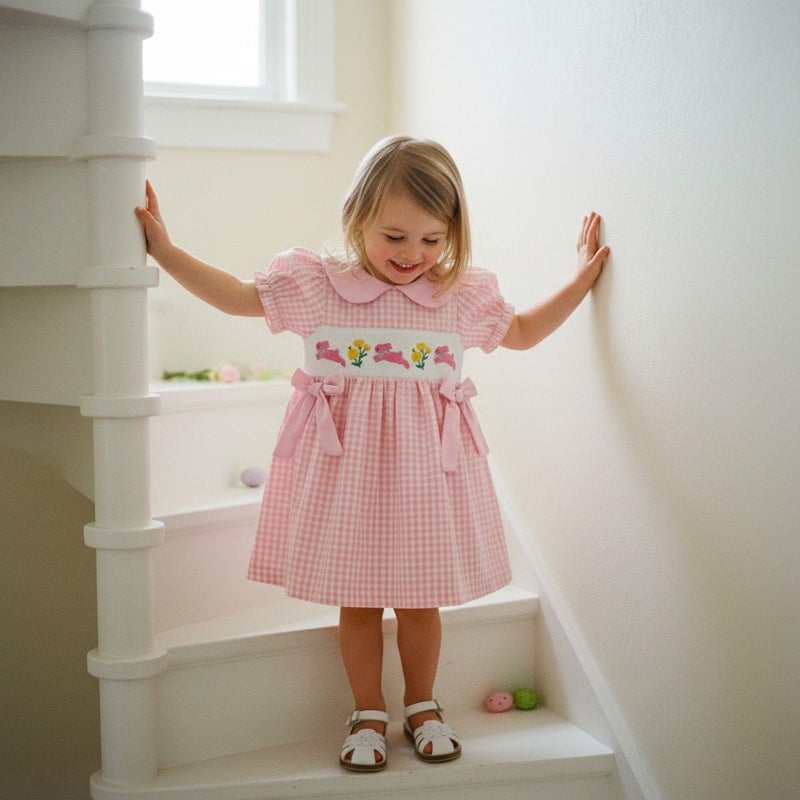 MoZiKQin Toddler Little Baby Girl Easter Outfit Bunny Embroidery Dress Short Sleeve Smocked Easter Dresses for Girls (Pink Bunny Floral, 2-3 Years) - Image 2