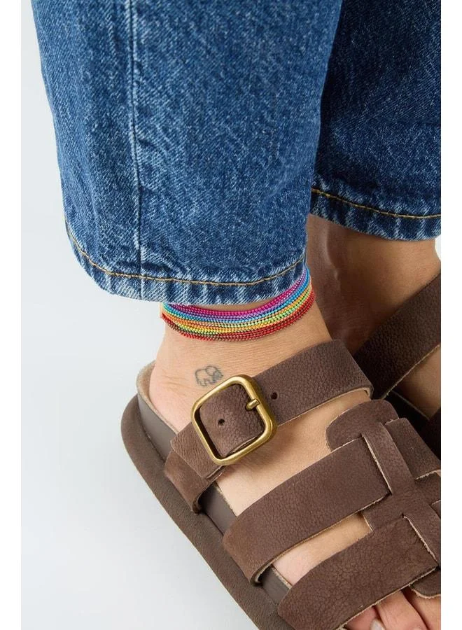 Manijero  Border Women's Genuine Leather Strap, Buckle Nubuck Brown Slippers. for Women | Best Price UAE
