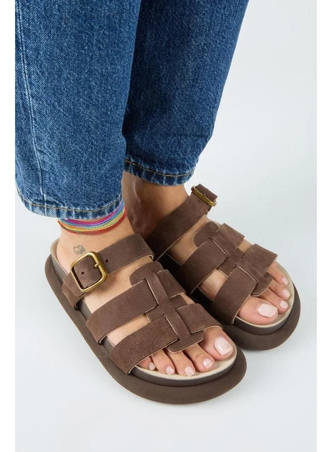 Manijero  Border Women's Genuine Leather Strap, Buckle Nubuck Brown Slippers. for Women | Best Price UAE
