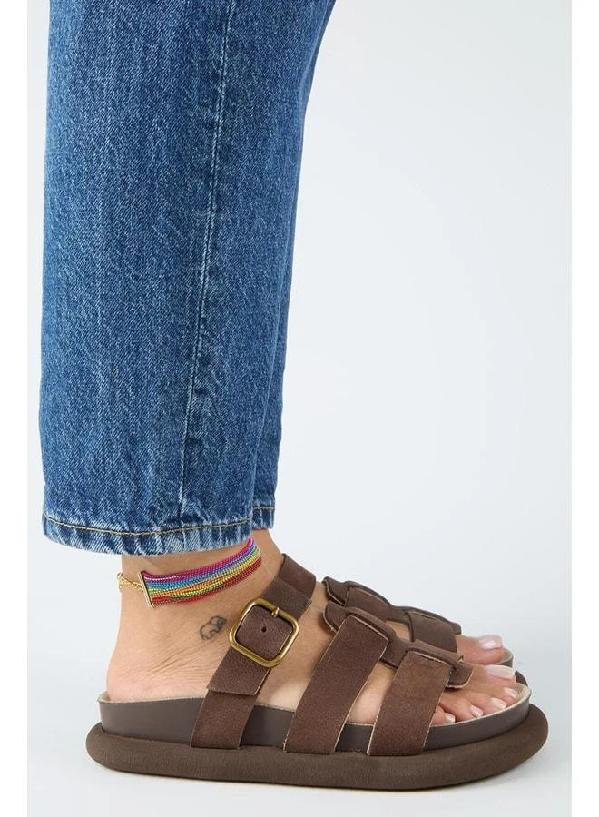 Border Women's Genuine Leather Strap, Buckle Nubuck Brown Slippers.