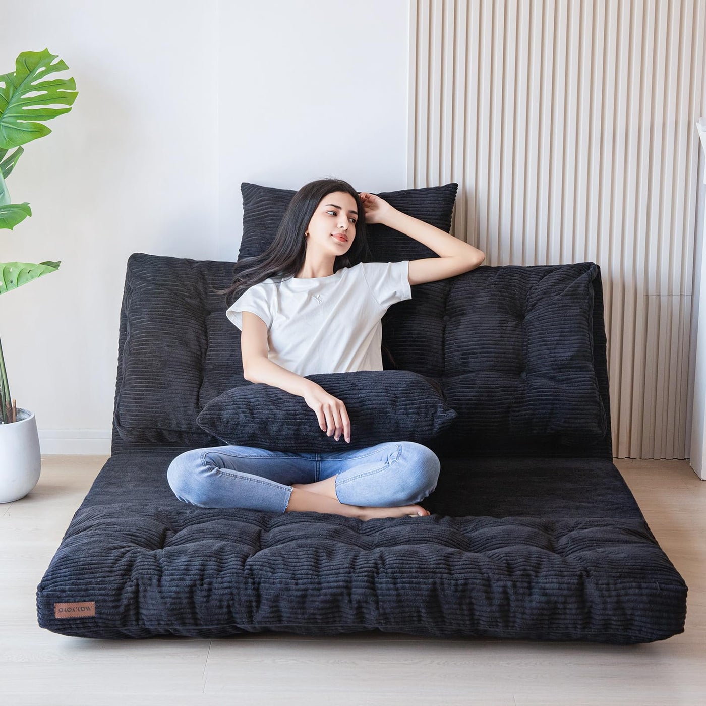 MAXYOYO Folding Sofa Bed, Tufted Bean Bag Bed with Pillows Floor Mattress for Adults, Extra Thick and Long Floor Sofa, Single Couch for Bedroom Living Room, Black, 30x91 Inch