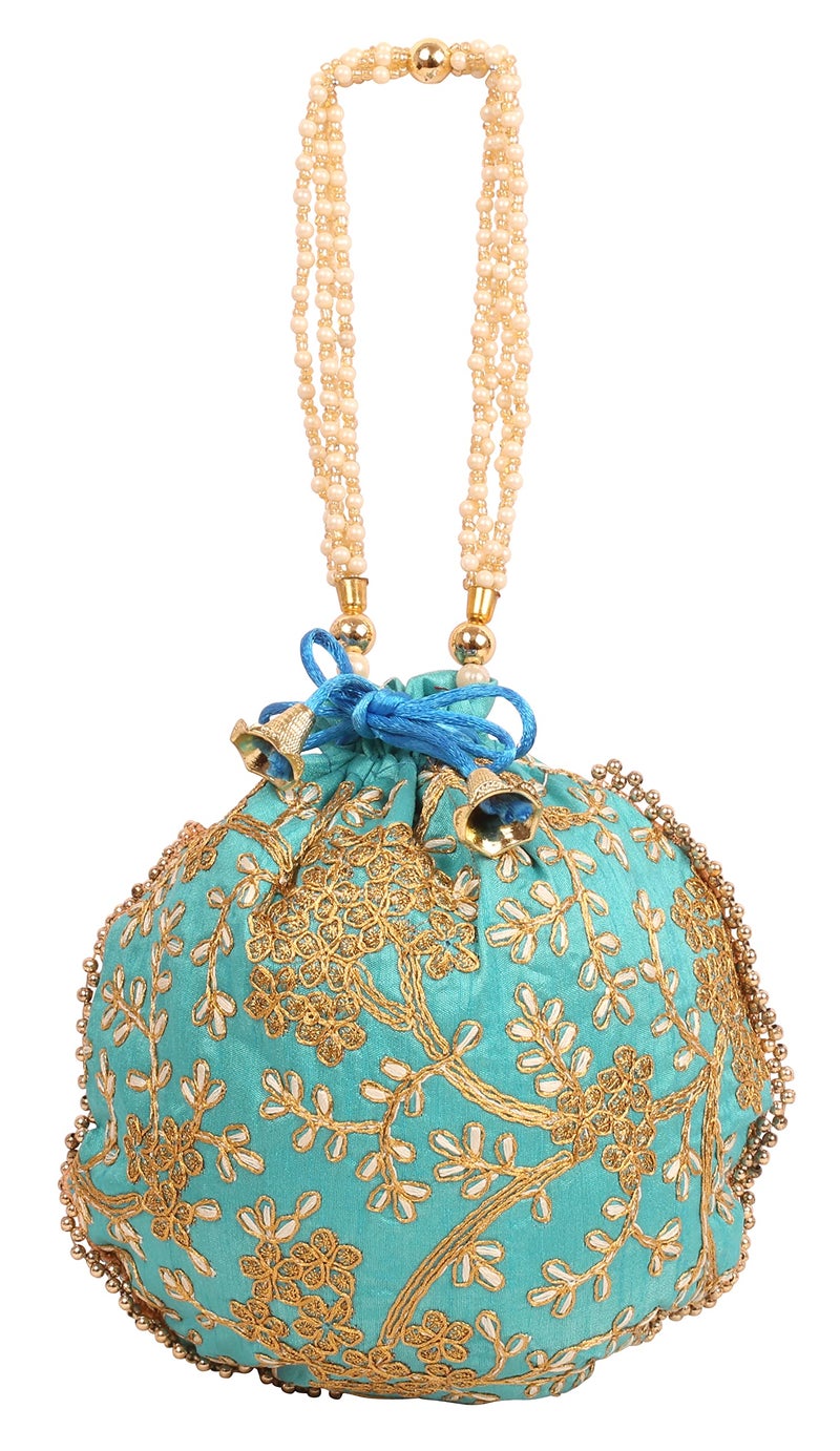 Touchstone NEW Traditional Indian Hand Embroidered Floral Motif Shopping Gifts Jewelry Wedding Sweet Distribution Faux Pearls Strings Drawstring Fancy Teal Green Color Bag For Women. - Image 5