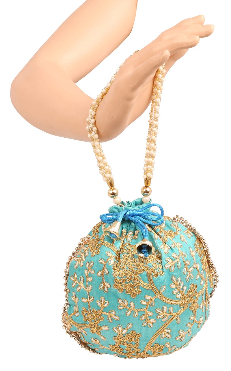 Touchstone NEW Traditional Indian Hand Embroidered Floral Motif Shopping Gifts Jewelry Wedding Sweet Distribution Faux Pearls Strings Drawstring Fancy Teal Green Color Bag For Women. - Image 3