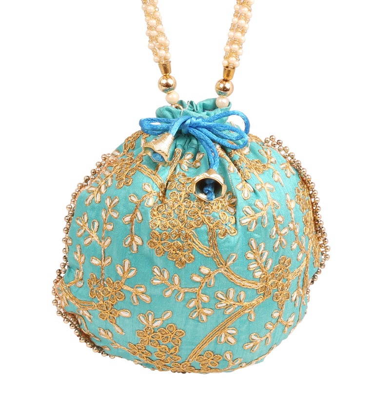Touchstone NEW Traditional Indian Hand Embroidered Floral Motif Shopping Gifts Jewelry Wedding Sweet Distribution Faux Pearls Strings Drawstring Fancy Teal Green Color Bag For Women. - Image 1