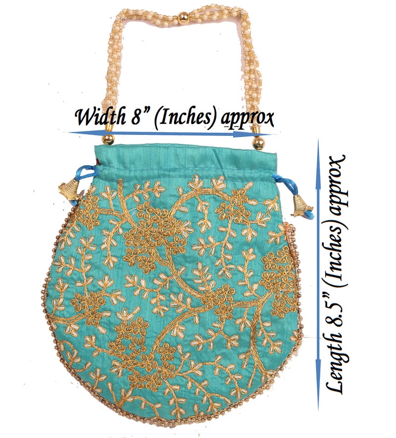 Touchstone NEW Traditional Indian Hand Embroidered Floral Motif Shopping Gifts Jewelry Wedding Sweet Distribution Faux Pearls Strings Drawstring Fancy Teal Green Color Bag For Women. - Image 2