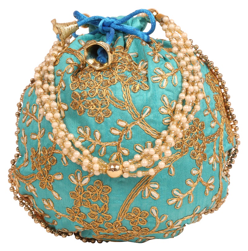 Touchstone NEW Traditional Indian Hand Embroidered Floral Motif Shopping Gifts Jewelry Wedding Sweet Distribution Faux Pearls Strings Drawstring Fancy Teal Green Color Bag For Women. - Image 4