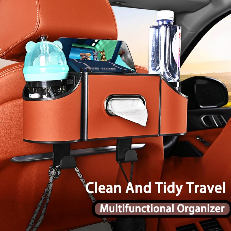 Joezhe Back Seat Car Organizer,4 in 1 Multifunctional Car Back Seat Storage Box with Drink Cup Holder Tissue Box, for Hold Phone,Snacks, Drinks, Handbag-Orange - Image 2