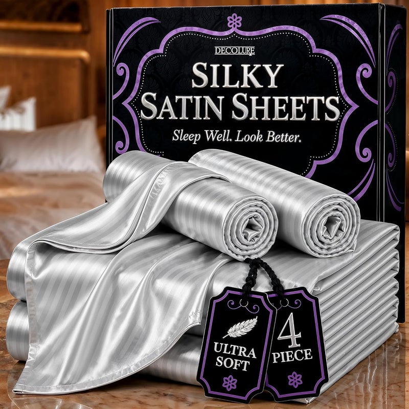 DECOLURE King Size Silk Satin Bed Linen Set - 4pc Striped Grey with Deep Pocket, Hypoallergenic, Wrinkle-Resistant - Image 1