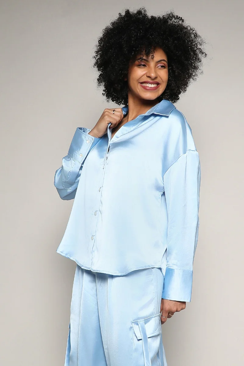 Pinacolada  Women's Powder Blue Boxy Satin Shirt for Women | Best Price UAE