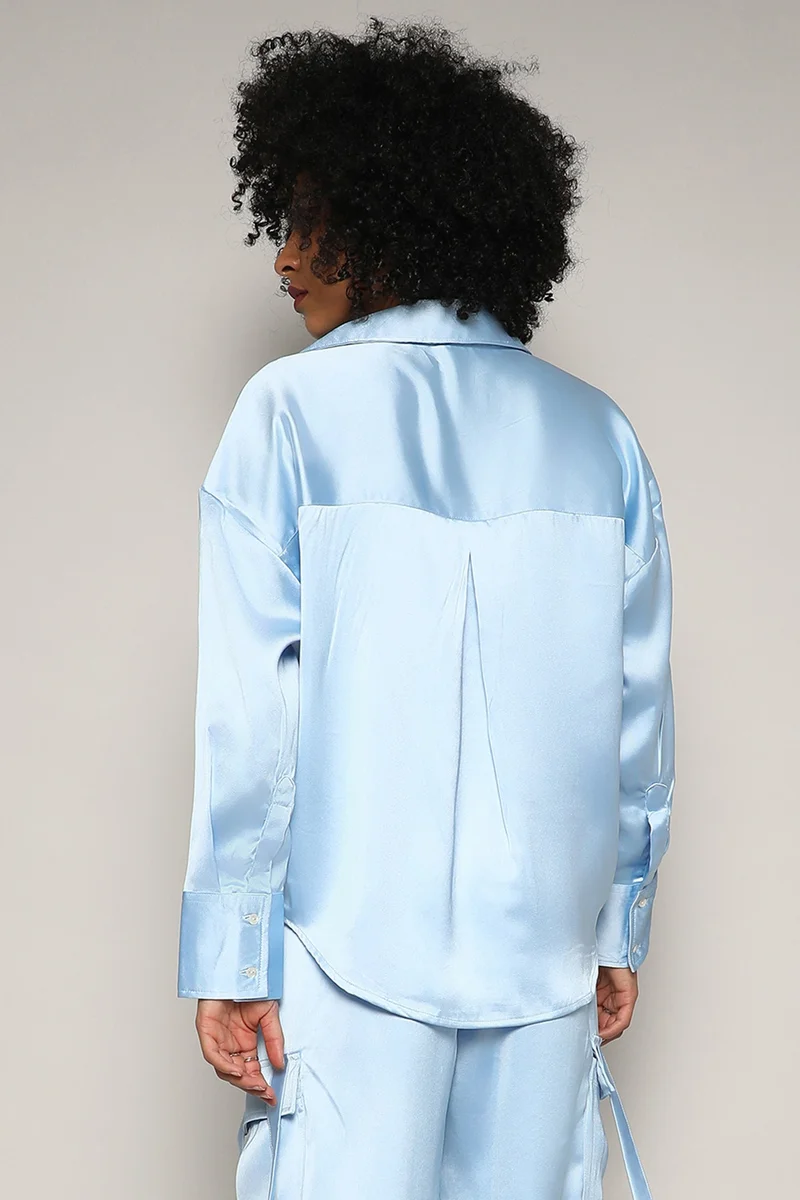Pinacolada  Women's Powder Blue Boxy Satin Shirt for Women | Best Price UAE