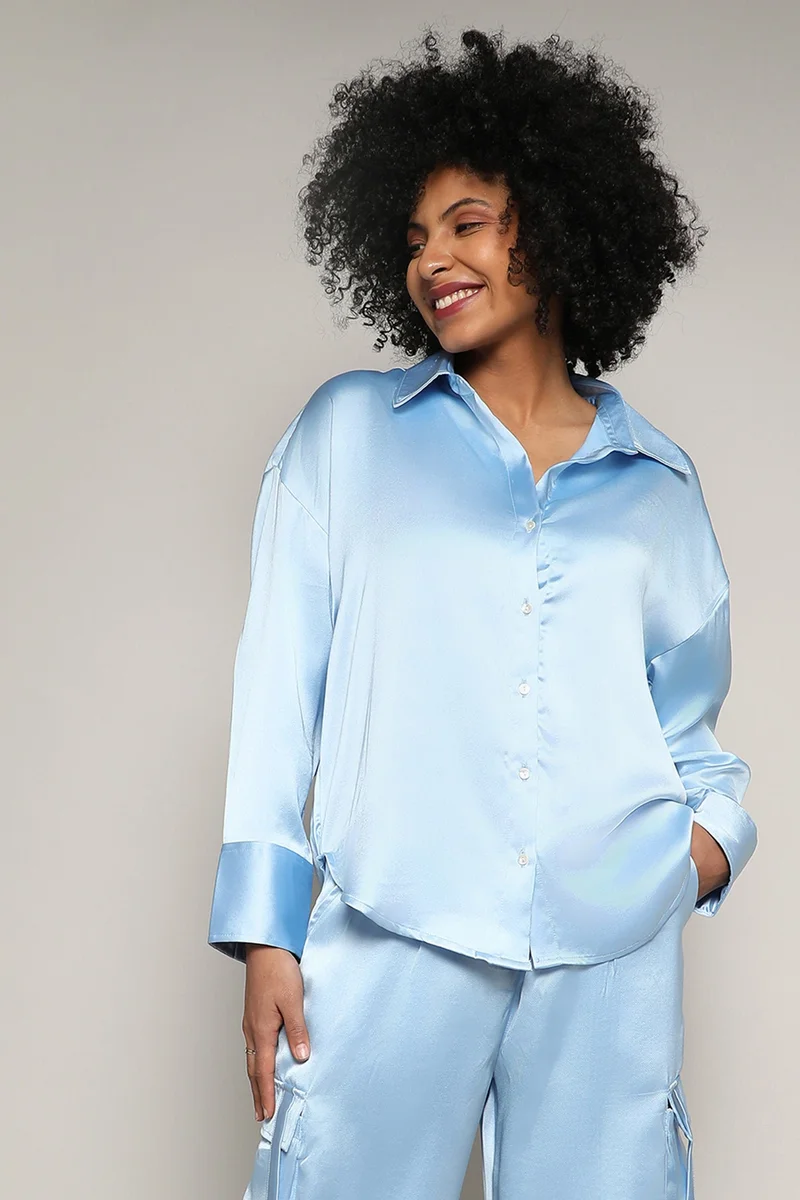 Women's Powder Blue Boxy Satin Shirt