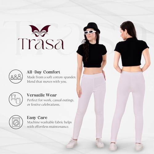 TRASA Ultra Soft Cotton Regular and Plus Stretchable Cotton Pants for Womens and Girls, White - L - Image 2