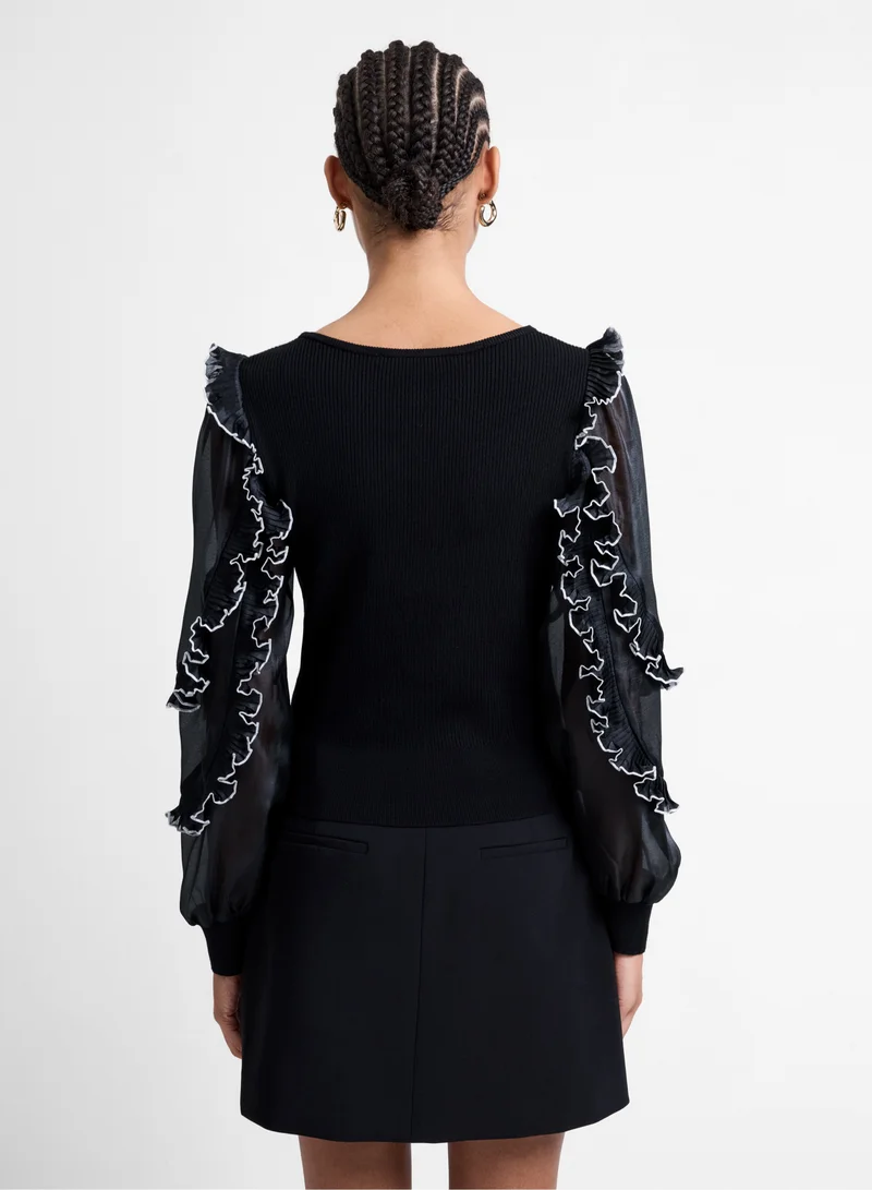 فرنش كونكشن Krista Mix Ruffle Trim Sleeve Top
