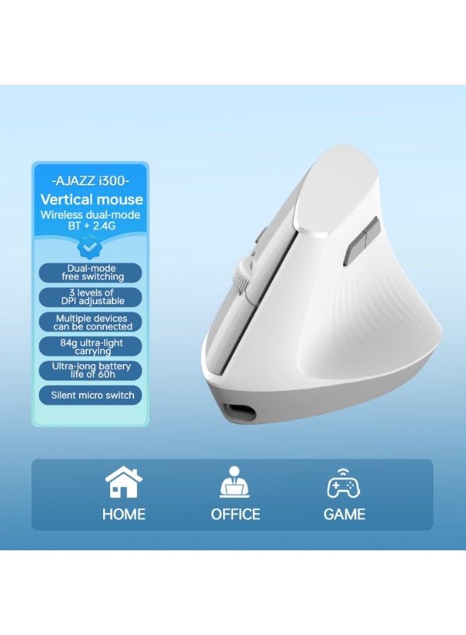 A-jazz I300 Wireless Vertical Mouse, 57° tilted ergonomic design, Bluetooth 5.2 + 2.4G dual-mode (includes USB receiver), 3 DPI settings (800/1200/1600), 6 programmable buttons, silent buttons, 400mAh Type-C charging, long battery life, weight approx. 84g, compatible with Windows/macOS/ChromeOS/Android (White) - Image 2